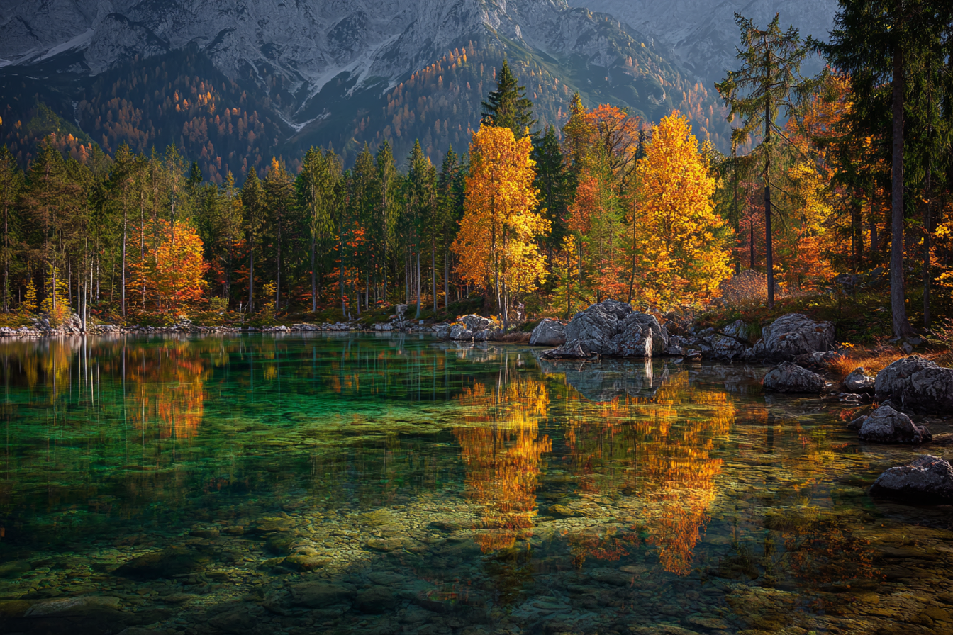Herbstlandschaft Ruhiger Wasserspiegel Mit Bäumen Und Bergen | Indian Summer | Jahreszeiten