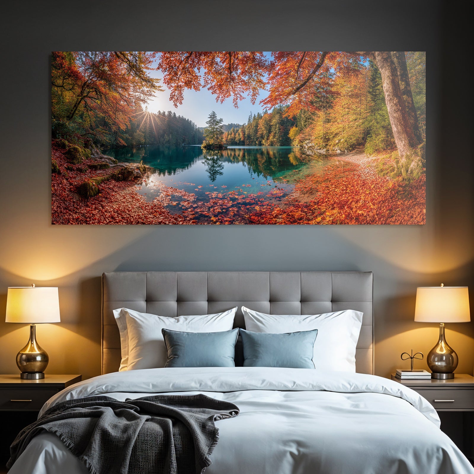 Herbstliche Landlandschaft Mit See Und Bunten Bäumen