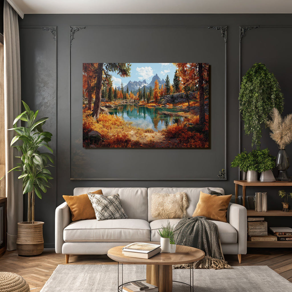 Herbstliche Landschaft Am See Mit Farbigen Bäumen Und Bergen