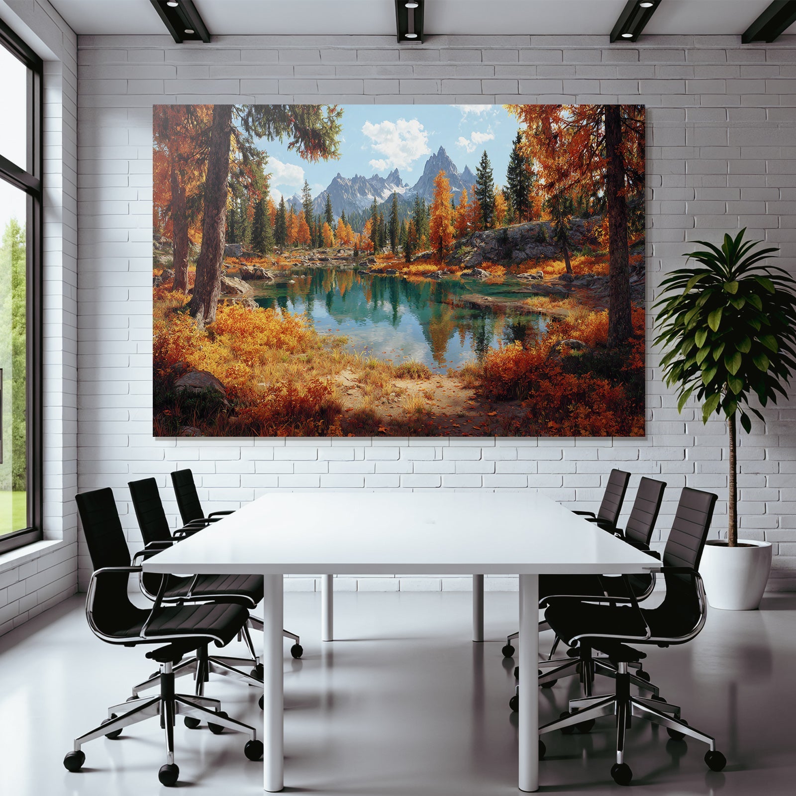 Herbstliche Landschaft Am See Mit Farbigen Bäumen Und Bergen