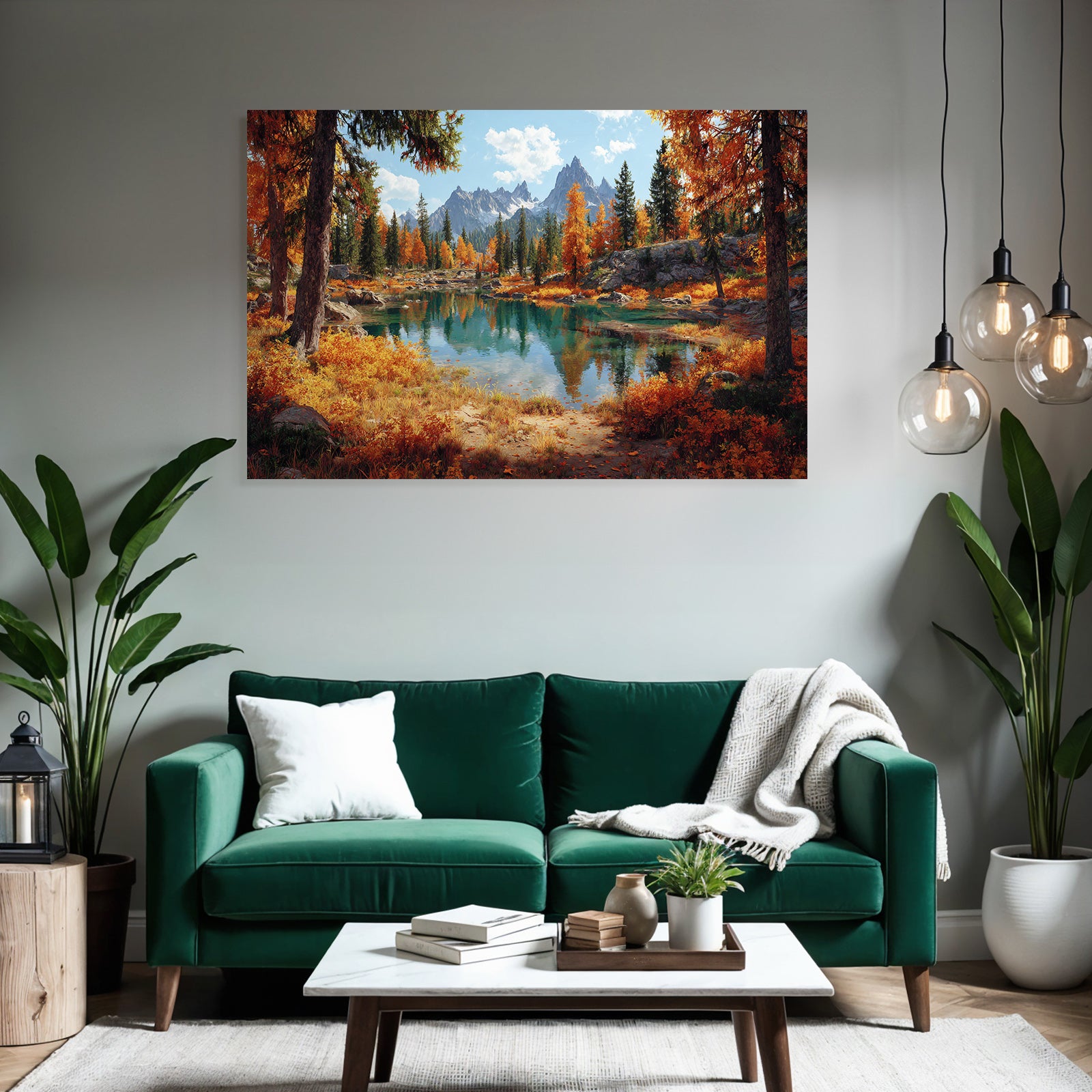 Herbstliche Landschaft Am See Mit Farbigen Bäumen Und Bergen