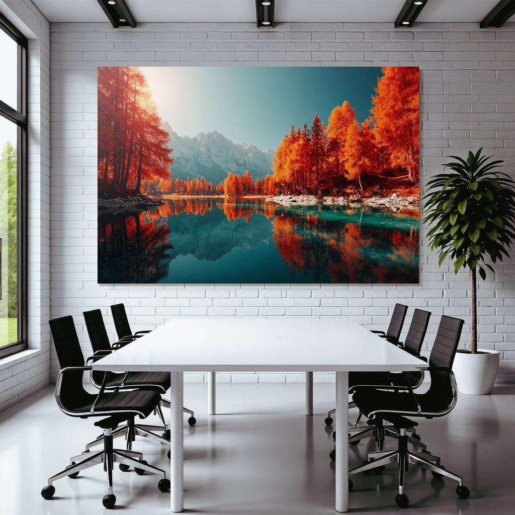 Herbstliche Landschaft Am See Mit Orangenem Blattwerk Reflexion In Den Bergen
