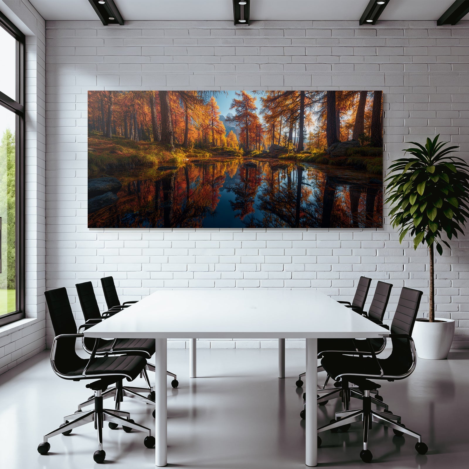 Herbstliche Landschaft Mit Reflektierenden Baumwipfeln Und Bergen