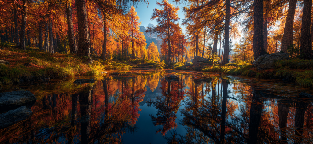 Herbstliche Landschaft Mit Reflektierenden Baumwipfeln Und Bergen | Indian Summer | Jahreszeiten