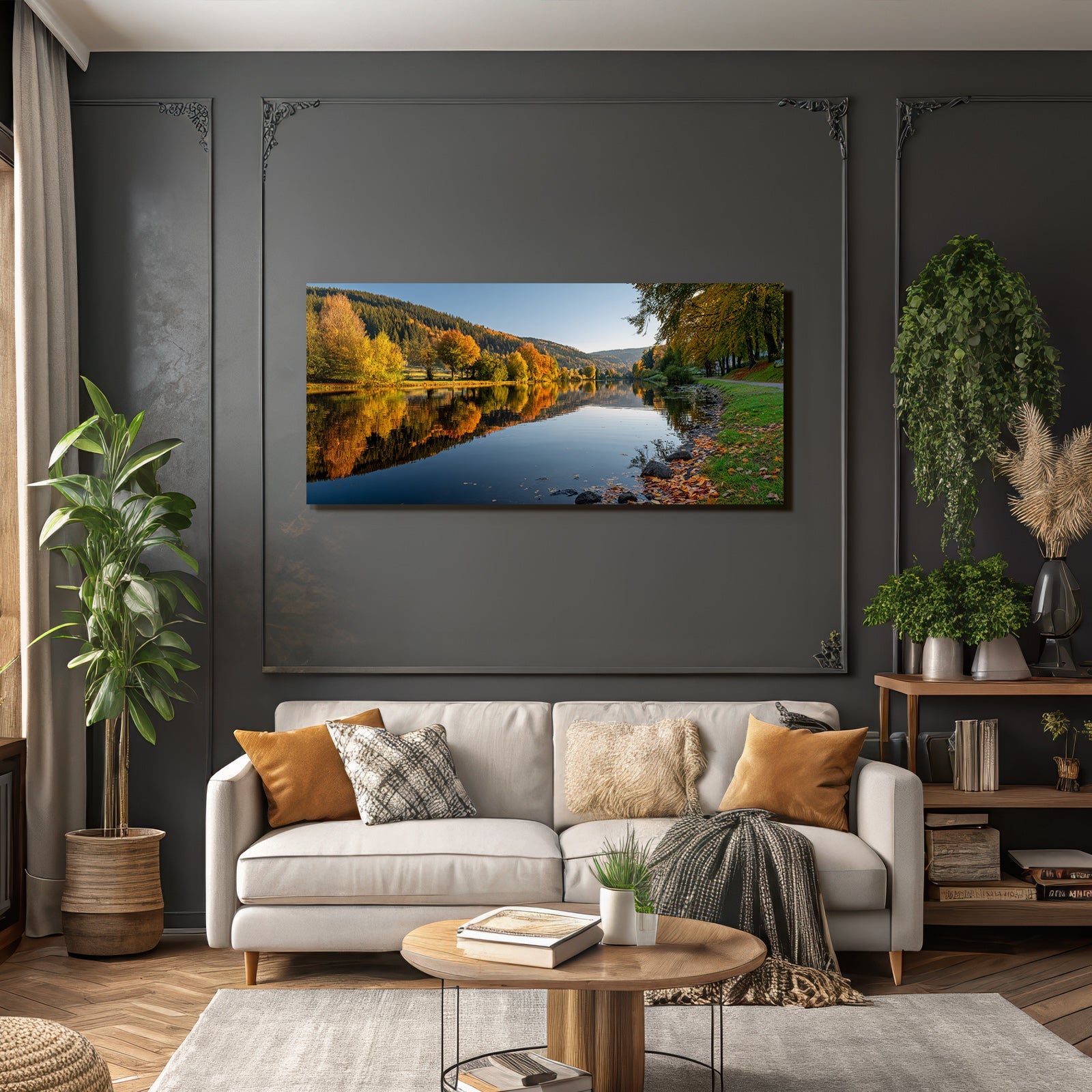 Herbstliche Riverside Szenen Mit Reflektierendem Wasser Und Bäumen