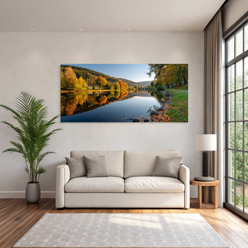 Herbstliche Riverside Szenen Mit Reflektierendem Wasser Und Bäumen