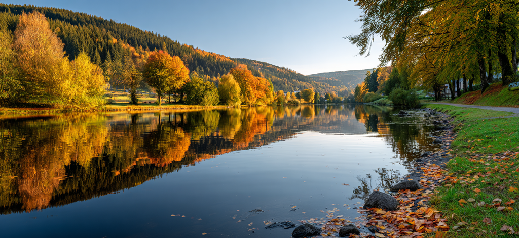 Herbstliche Riverside Szenen Mit Reflektierendem Wasser Und Bäumen | Indian Summer | Jahreszeiten