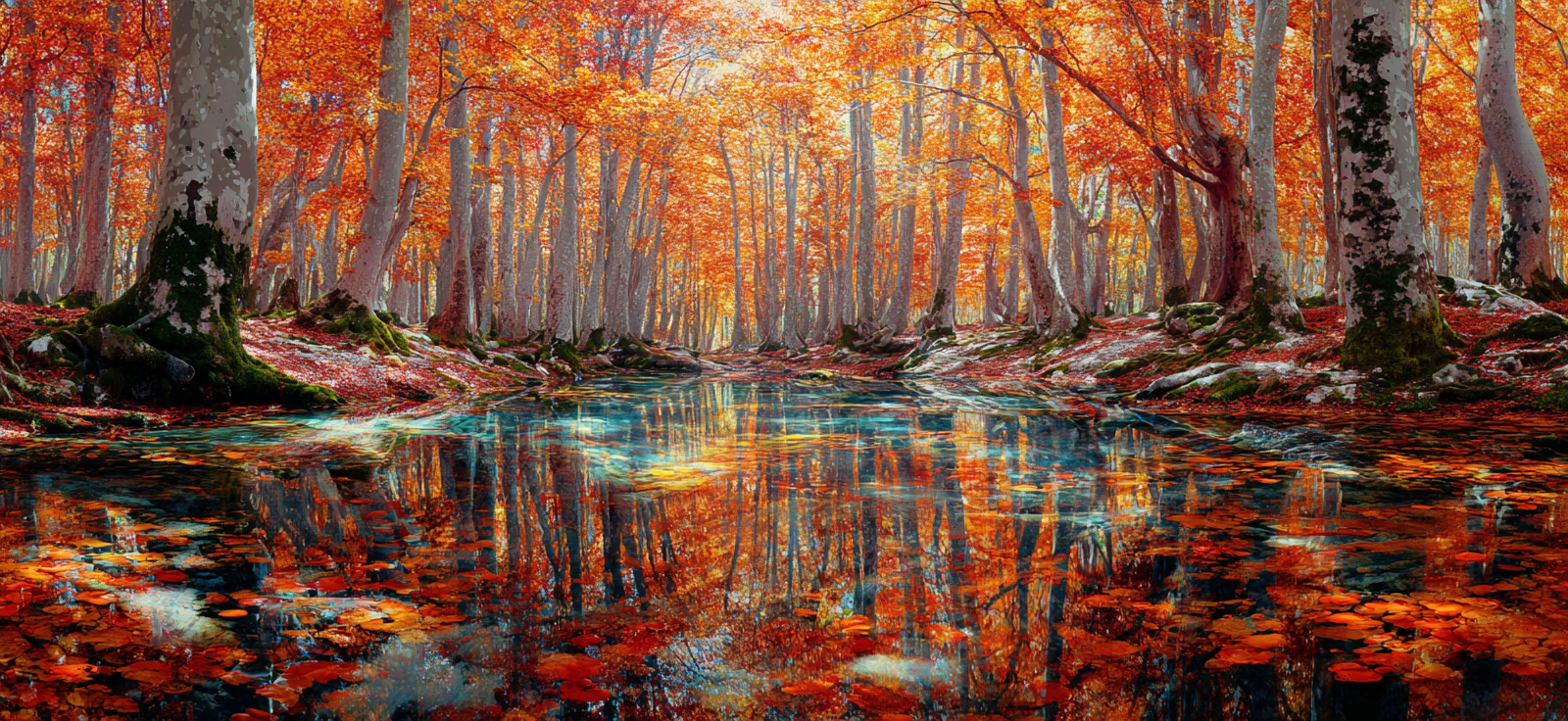Herbstliche Waldszene Mit Reflektierenden Farben Im Wasser | Indian Summer | Jahreszeiten