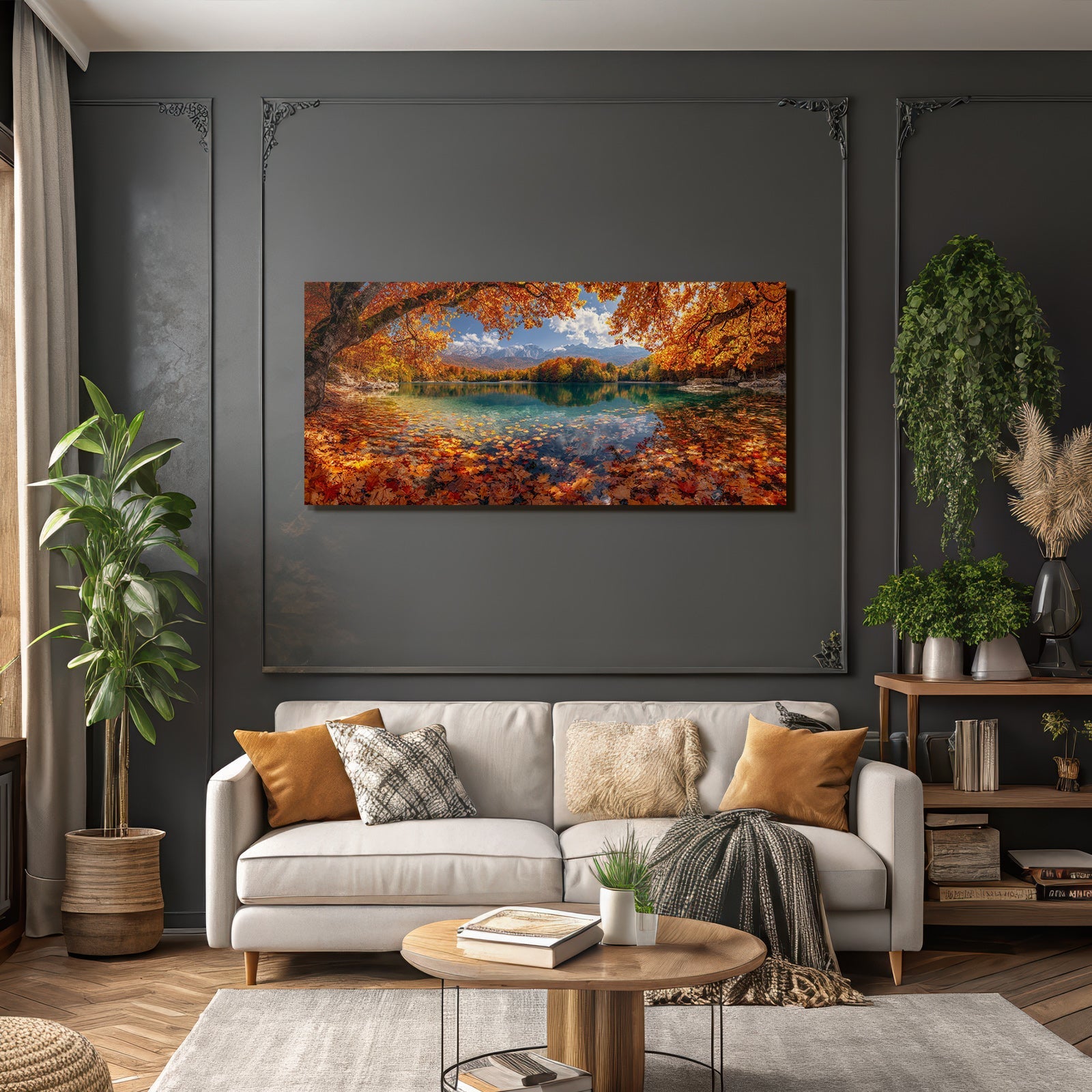 Herbstlicher See Mit Bunten Bäumen Und Gebirgen