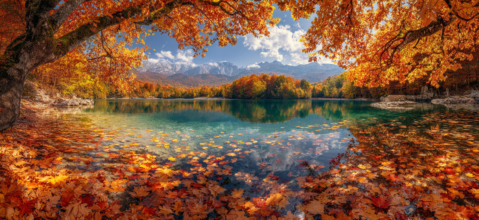 Herbstlicher See Mit Bunten Bäumen Und Gebirgen | Indian Summer | Jahreszeiten