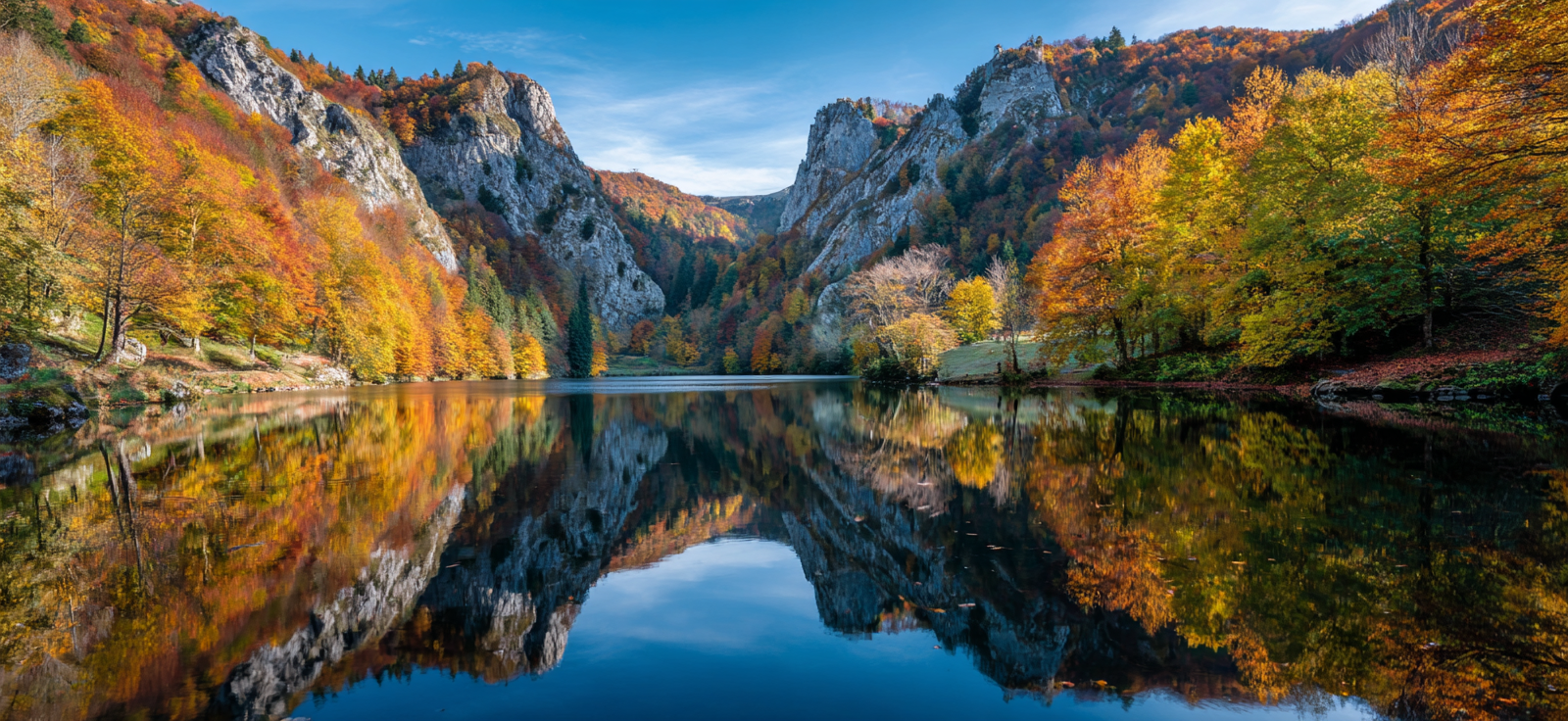 Ruhige Landschaft Herbstsee Umgeben Von Bergen Und Bäumen | Indian Summer | Jahreszeiten