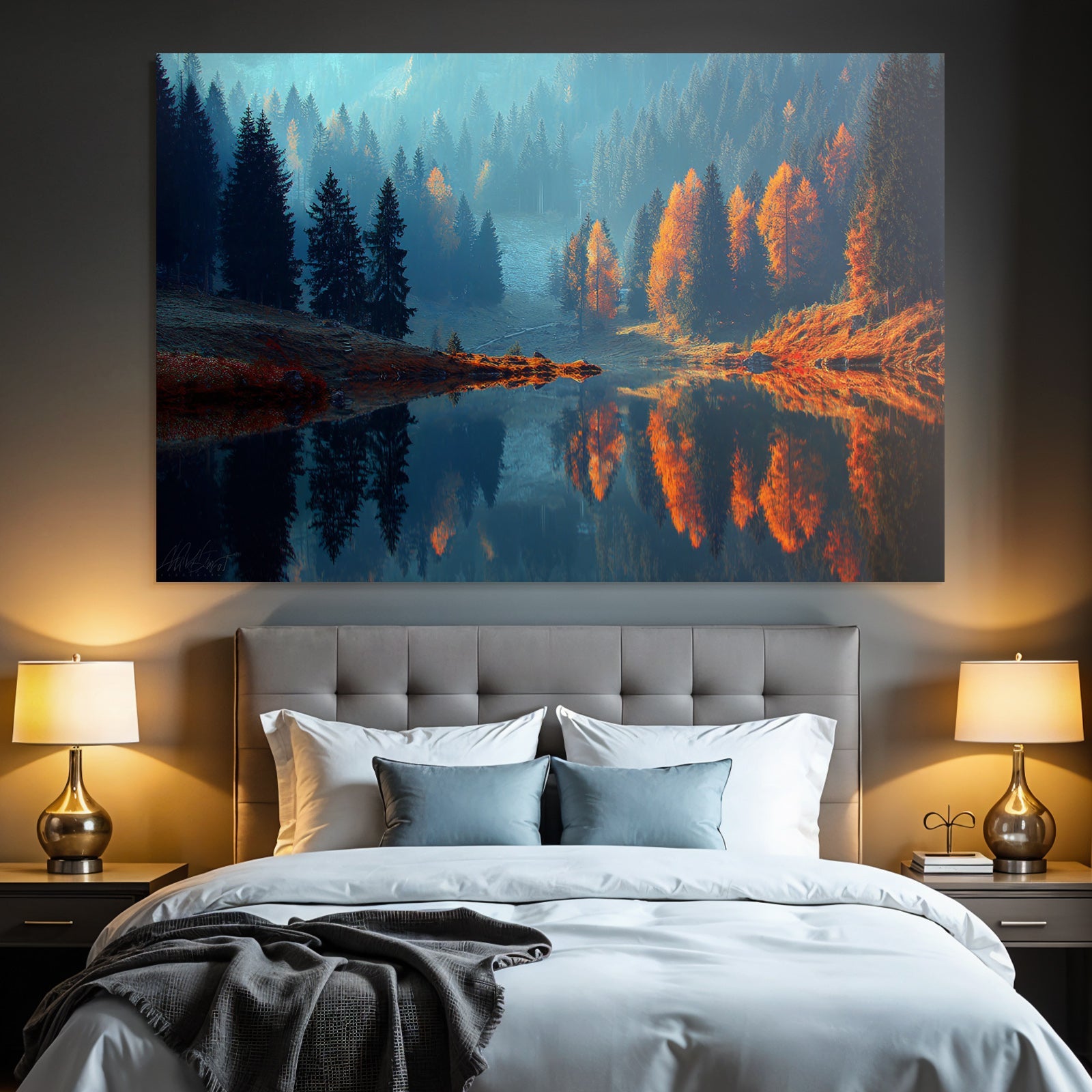 Ruhige Landschaft Im Autumn Mit See Und Bäumen