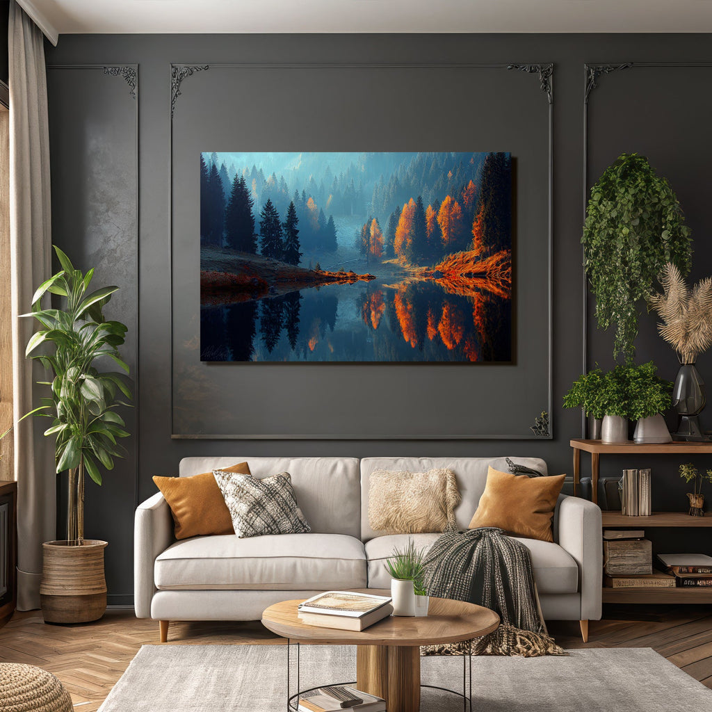 Ruhige Landschaft Im Autumn Mit See Und Bäumen