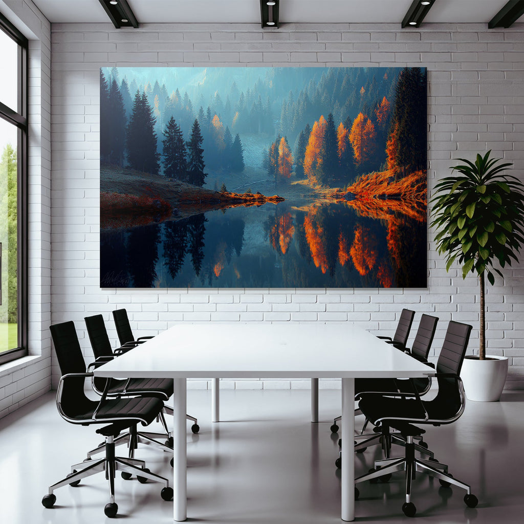 Ruhige Landschaft Im Autumn Mit See Und Bäumen