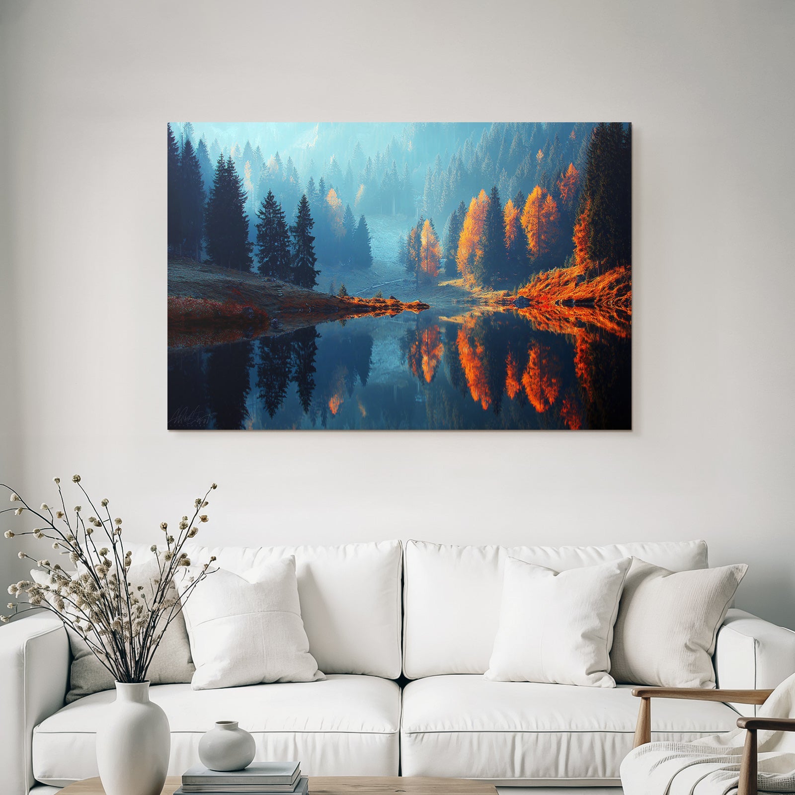 Ruhige Landschaft Im Autumn Mit See Und Bäumen