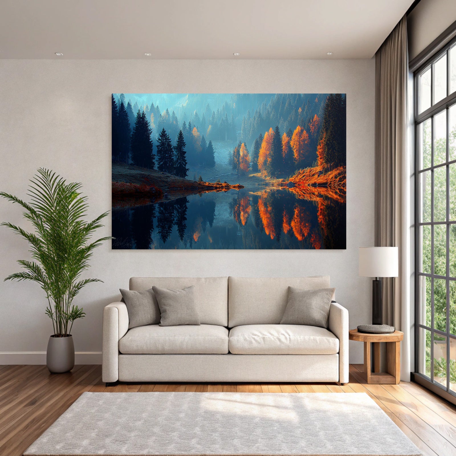 Ruhige Landschaft Im Autumn Mit See Und Bäumen