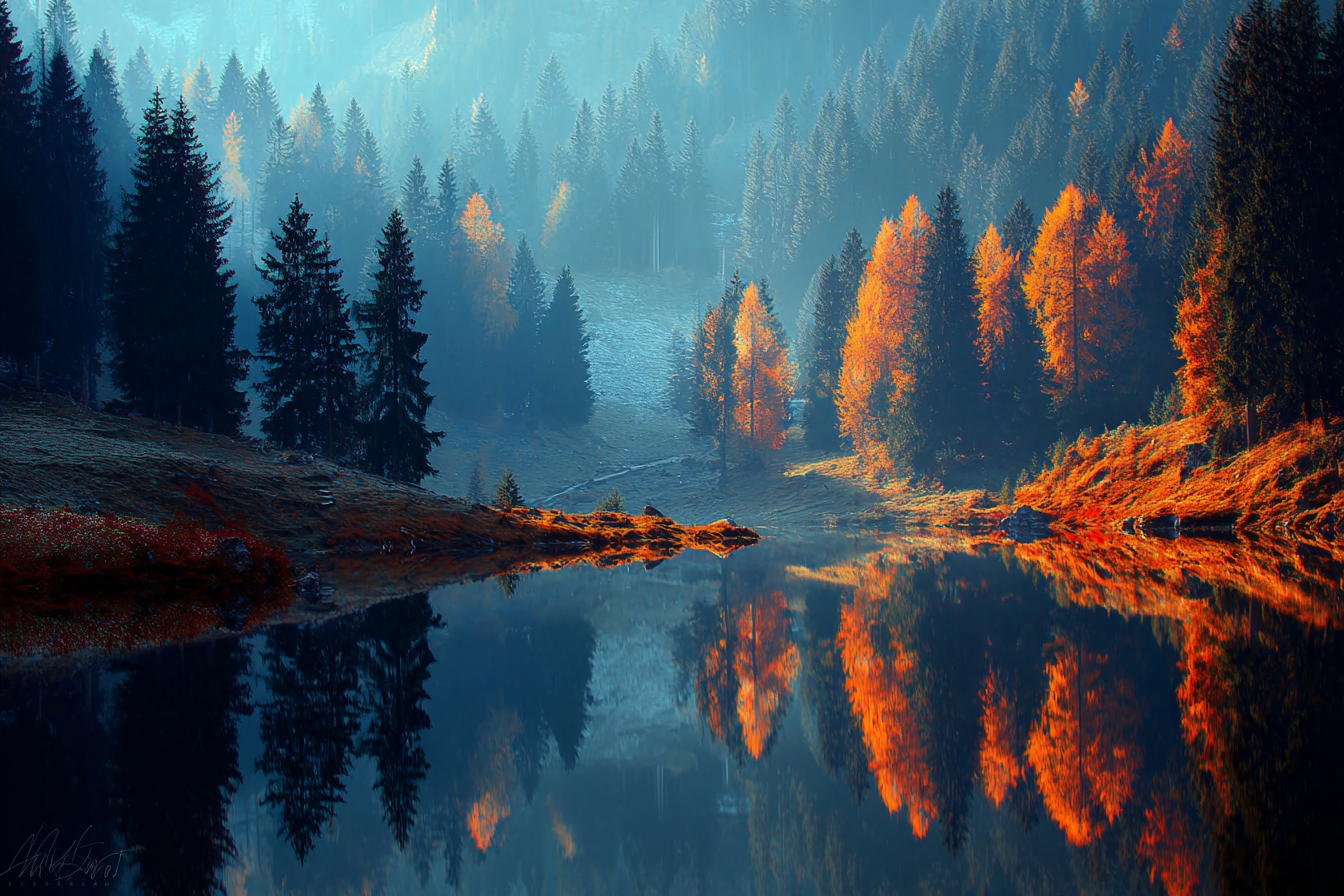 Ruhige Landschaft Im Autumn Mit See Und Bäumen | Indian Summer | Jahreszeiten
