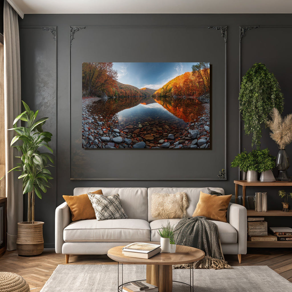 Tranquil autumn landscape with water and colorful trees