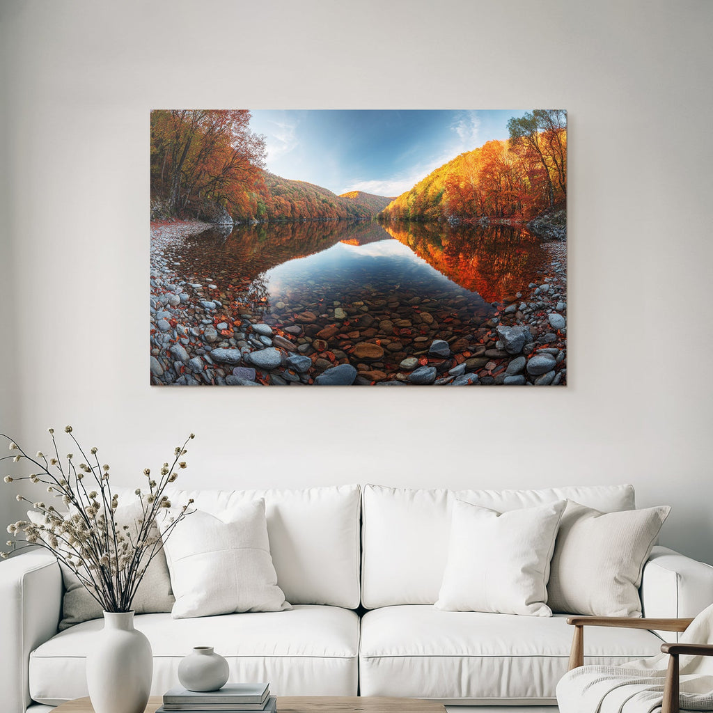 Tranquil autumn landscape with water and colorful trees