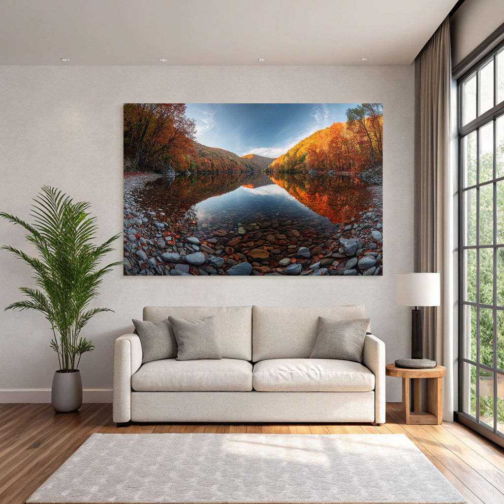 Tranquil autumn landscape with water and colorful trees