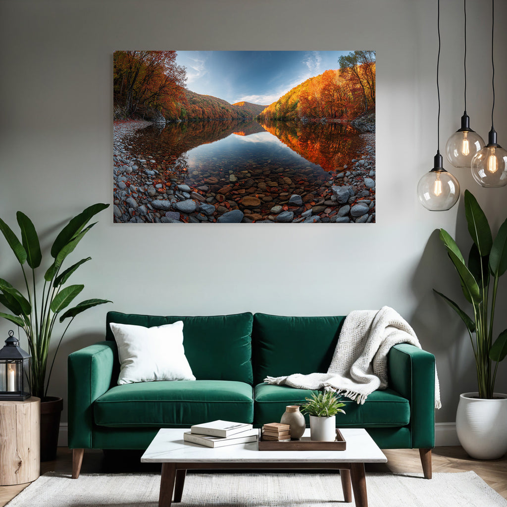 Tranquil autumn landscape with water and colorful trees