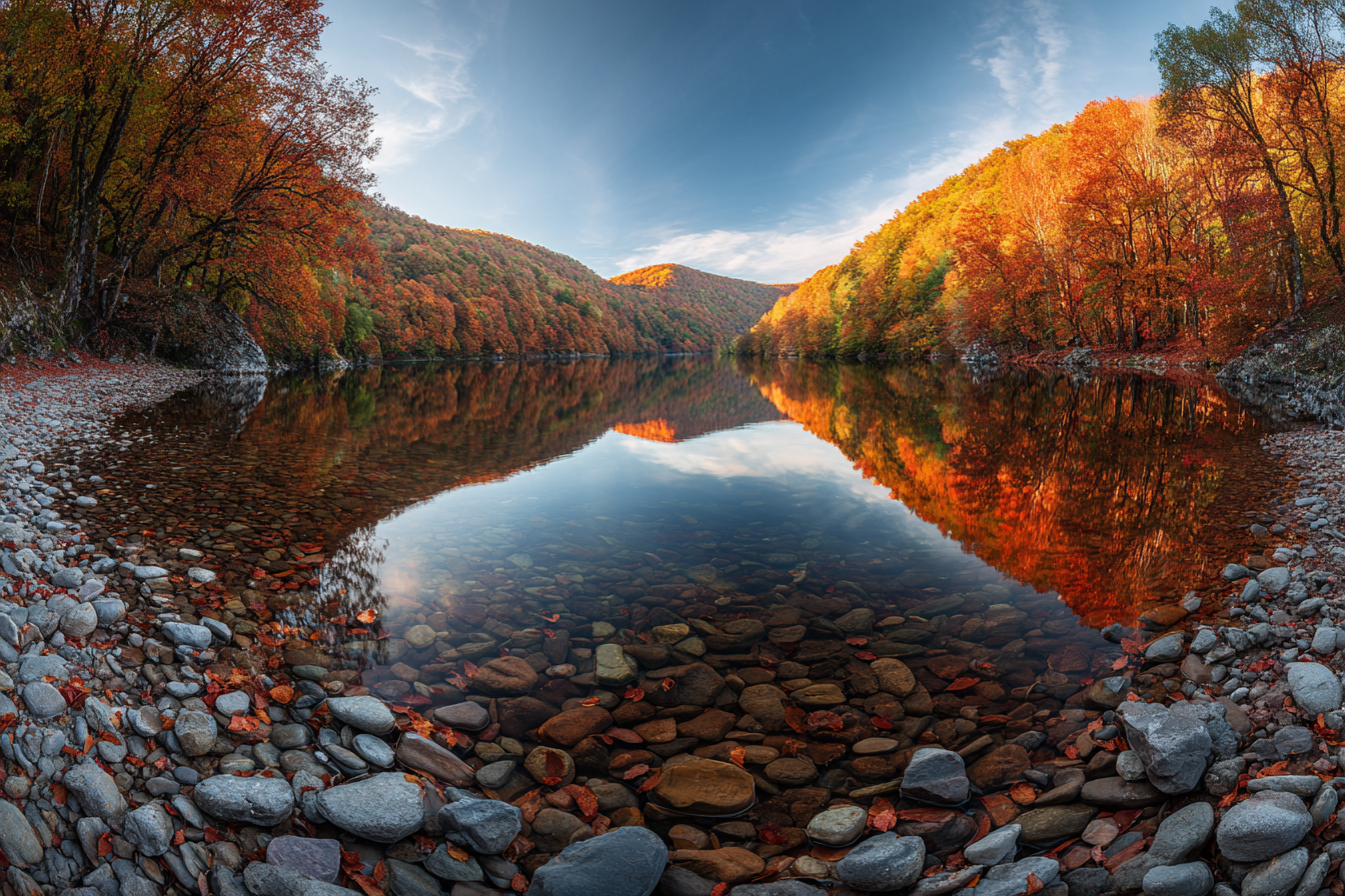 Ruhige Landschaft Im Herbst Mit Wasser Und Bunten Bäumen | Indian Summer | Jahreszeiten
