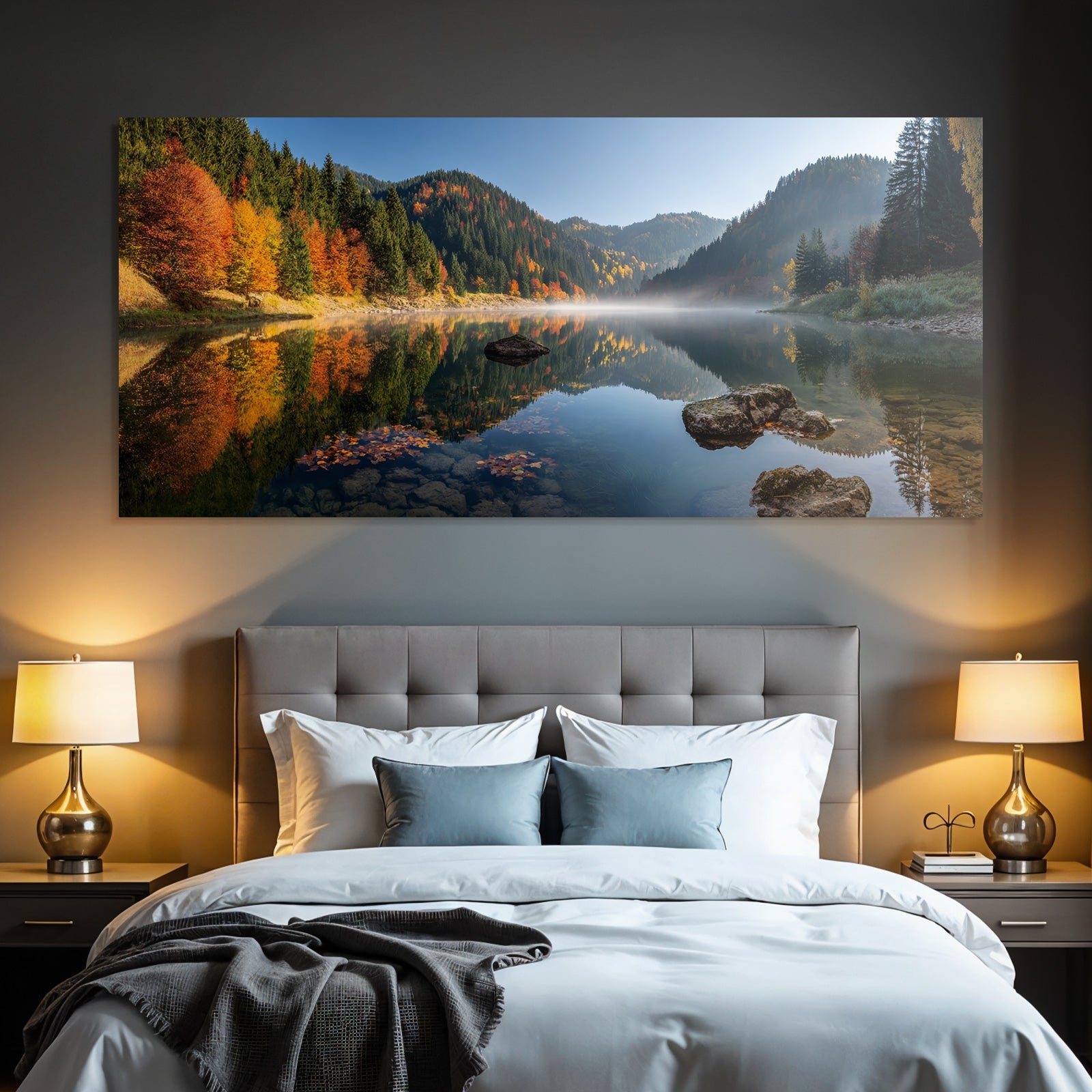 Ruhige Landschaft Reflexion Bunter Herbstbäume Und Berge Morgens Oder Nachmittags
