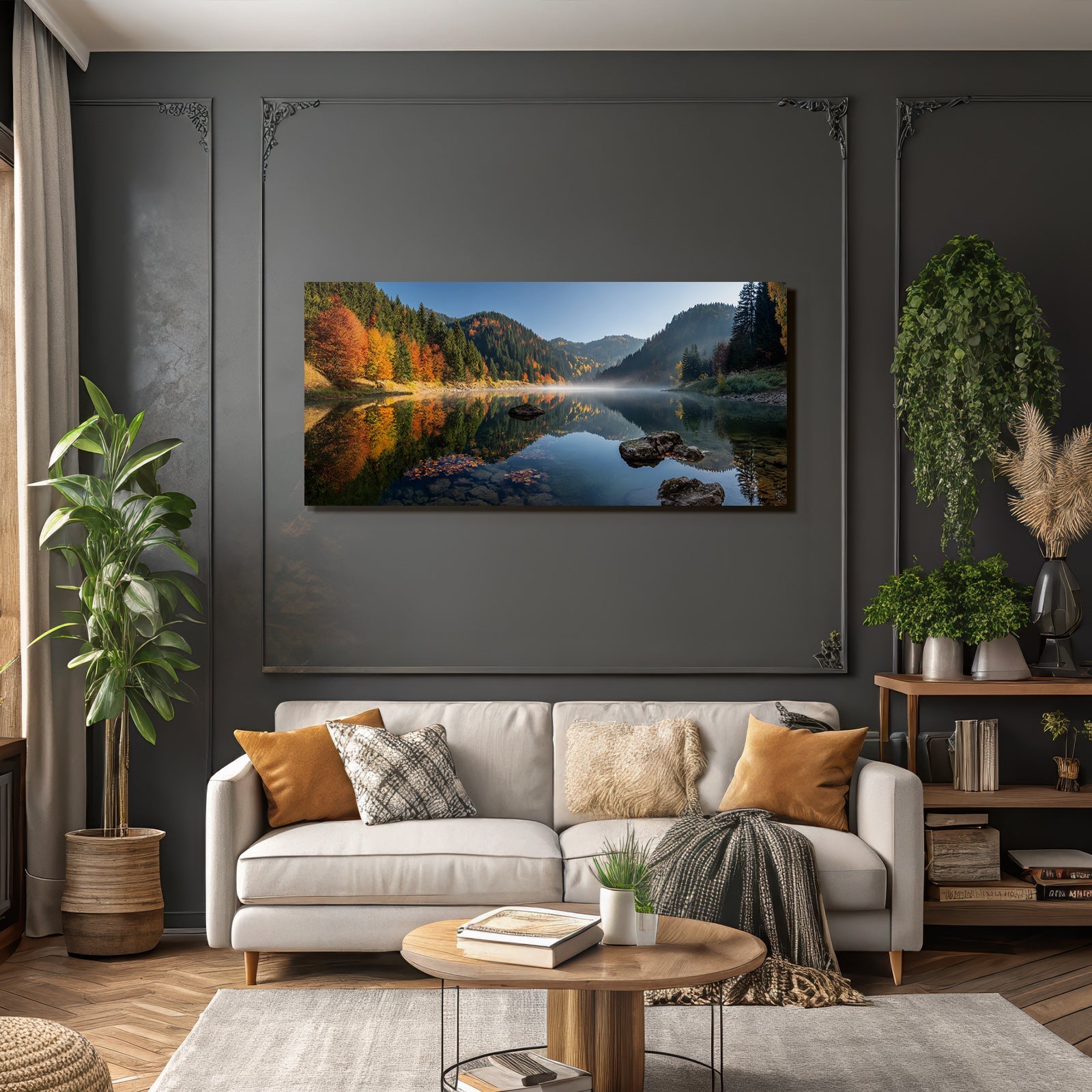 Ruhige Landschaft Reflexion Bunter Herbstbäume Und Berge Morgens Oder Nachmittags