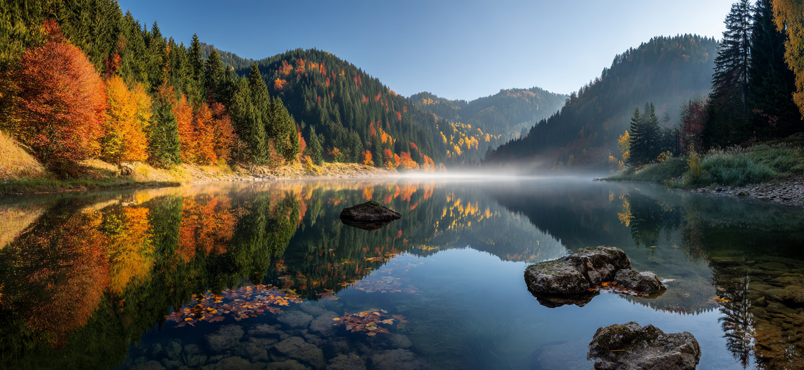 Ruhige Landschaft Reflexion Bunter Herbstbäume Und Berge Morgens Oder Nachmittags | Indian Summer | Jahreszeiten
