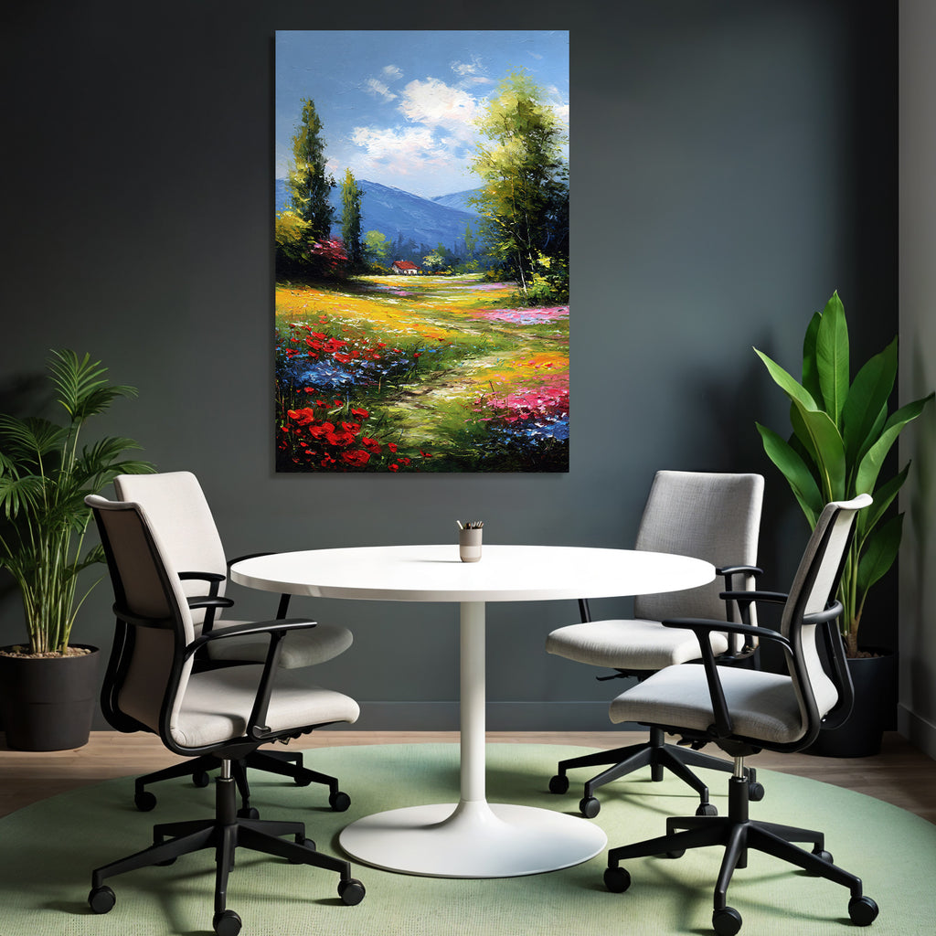 Blühende Landschaft Mit Blumenweg Und Haus Unter Blaüm Himmel