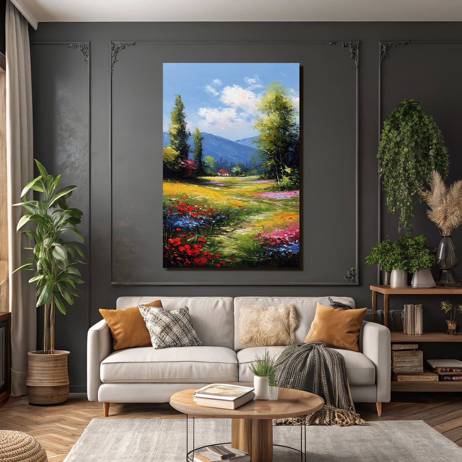 Blühende Landschaft Mit Blumenweg Und Haus Unter Blaüm Himmel