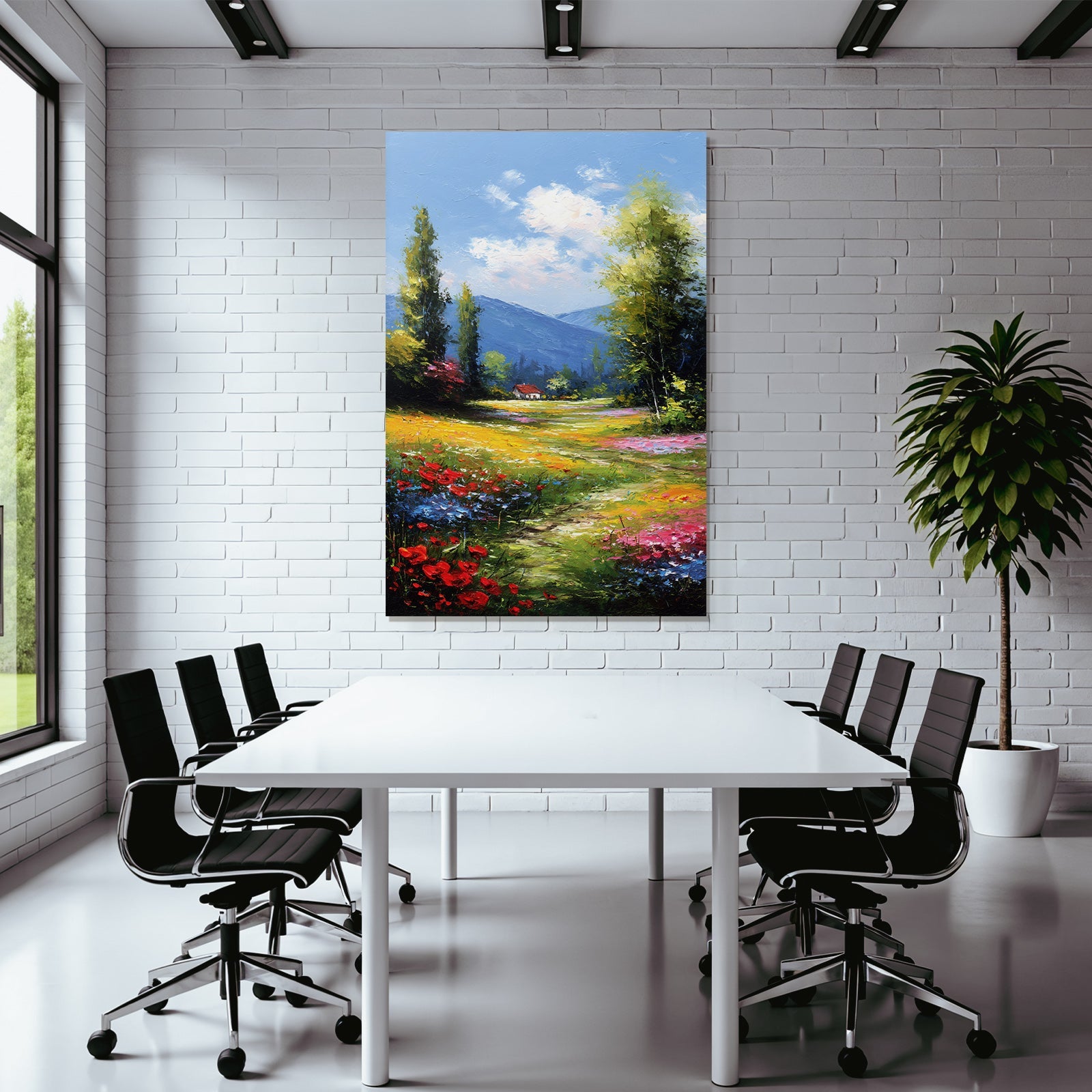 Blühende Landschaft Mit Blumenweg Und Haus Unter Blaüm Himmel