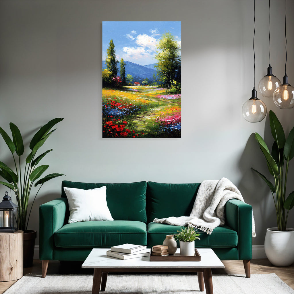 Blühende Landschaft Mit Blumenweg Und Haus Unter Blaüm Himmel