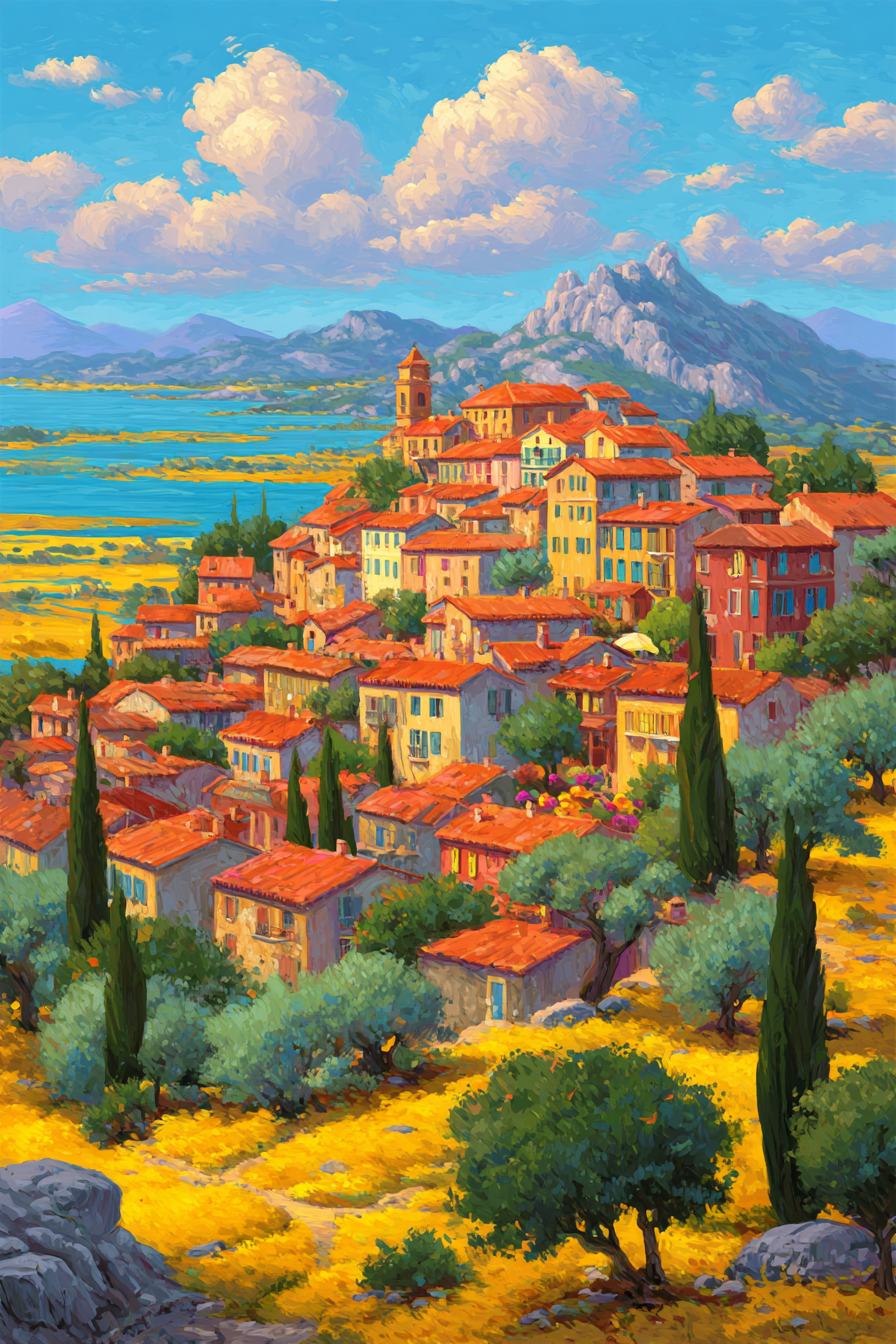Idyllisches Dorf Mediterranische Landlandschaft Mit Häusern Und Bergen | Sommer | Jahreszeiten