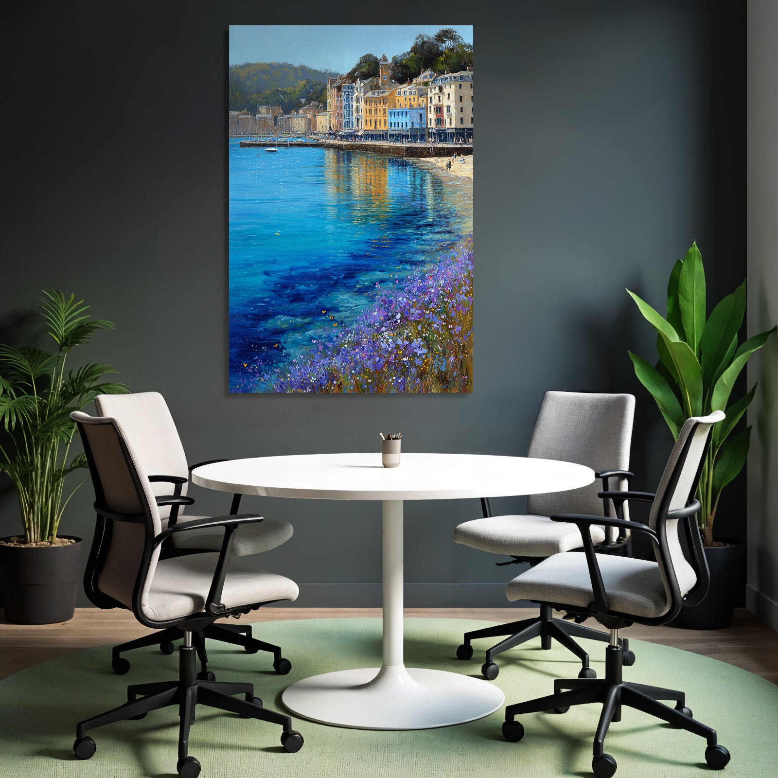 Küstenlandschaft Mit Bunten Gebäuden Und Blumen Am Strand