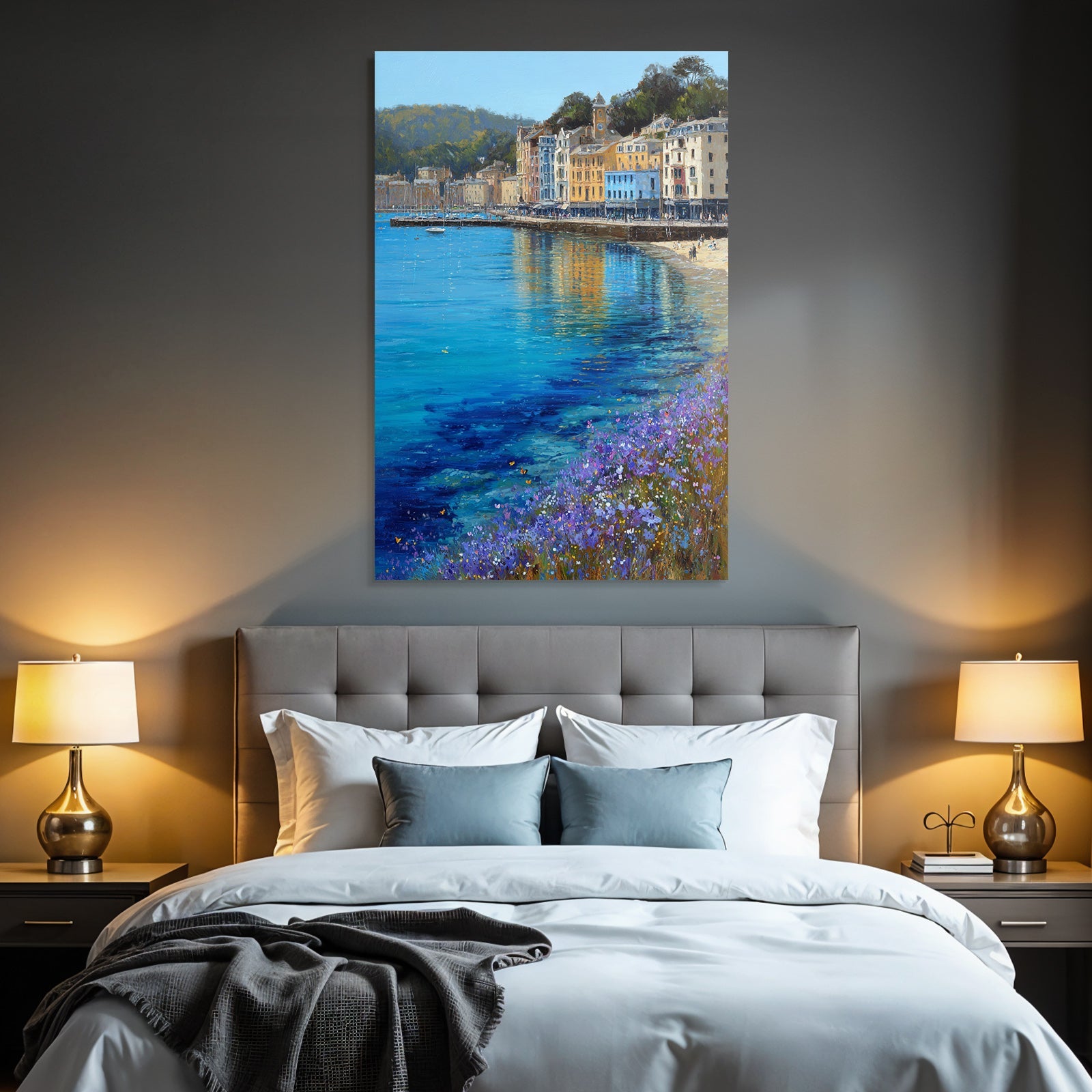 Küstenlandschaft Mit Bunten Gebäuden Und Blumen Am Strand