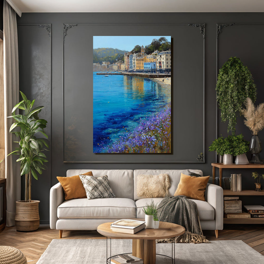 Küstenlandschaft Mit Bunten Gebäuden Und Blumen Am Strand