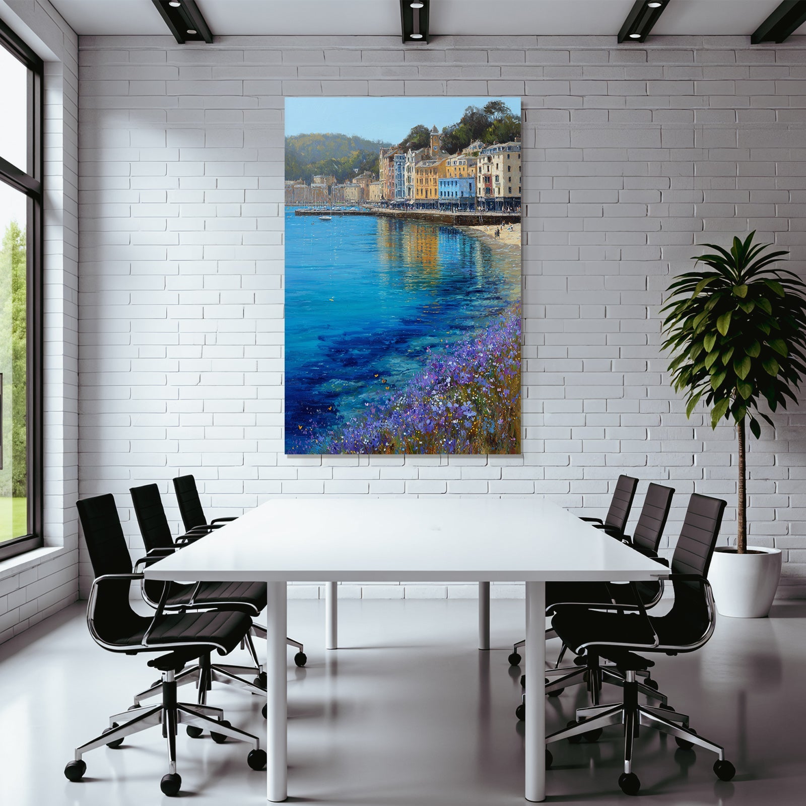 Küstenlandschaft Mit Bunten Gebäuden Und Blumen Am Strand