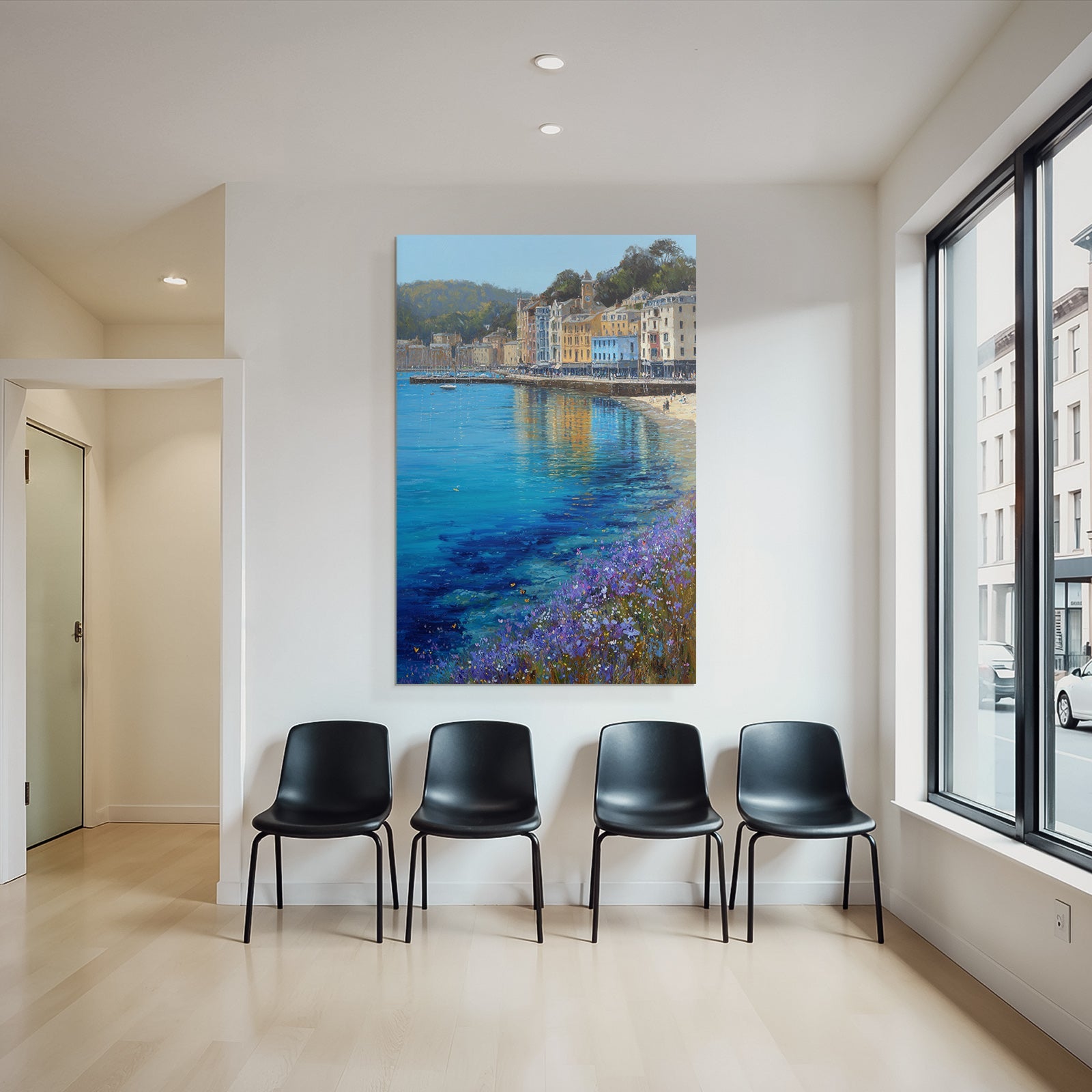 Küstenlandschaft Mit Bunten Gebäuden Und Blumen Am Strand