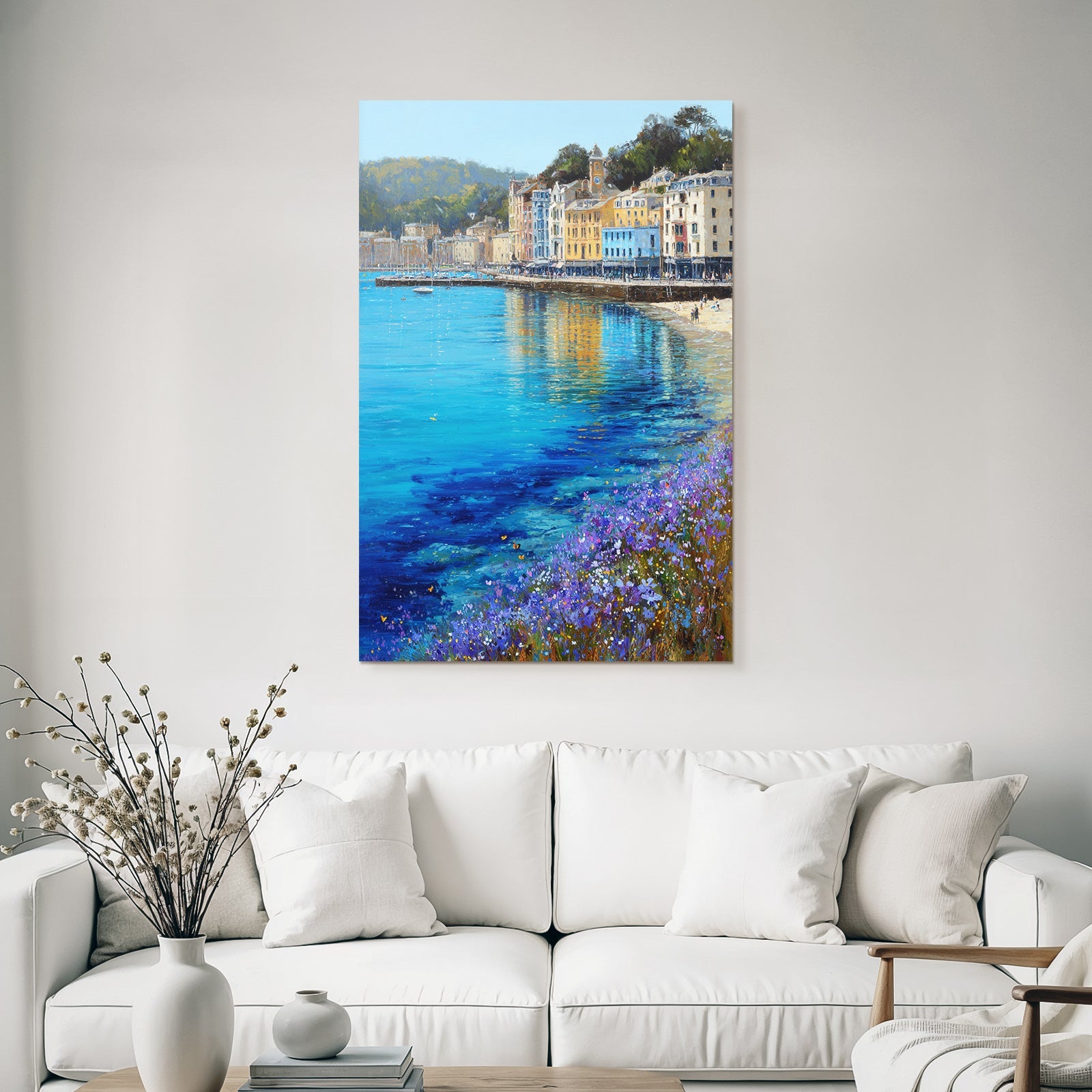 Küstenlandschaft Mit Bunten Gebäuden Und Blumen Am Strand