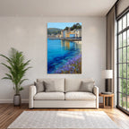 Küstenlandschaft Mit Bunten Gebäuden Und Blumen Am Strand