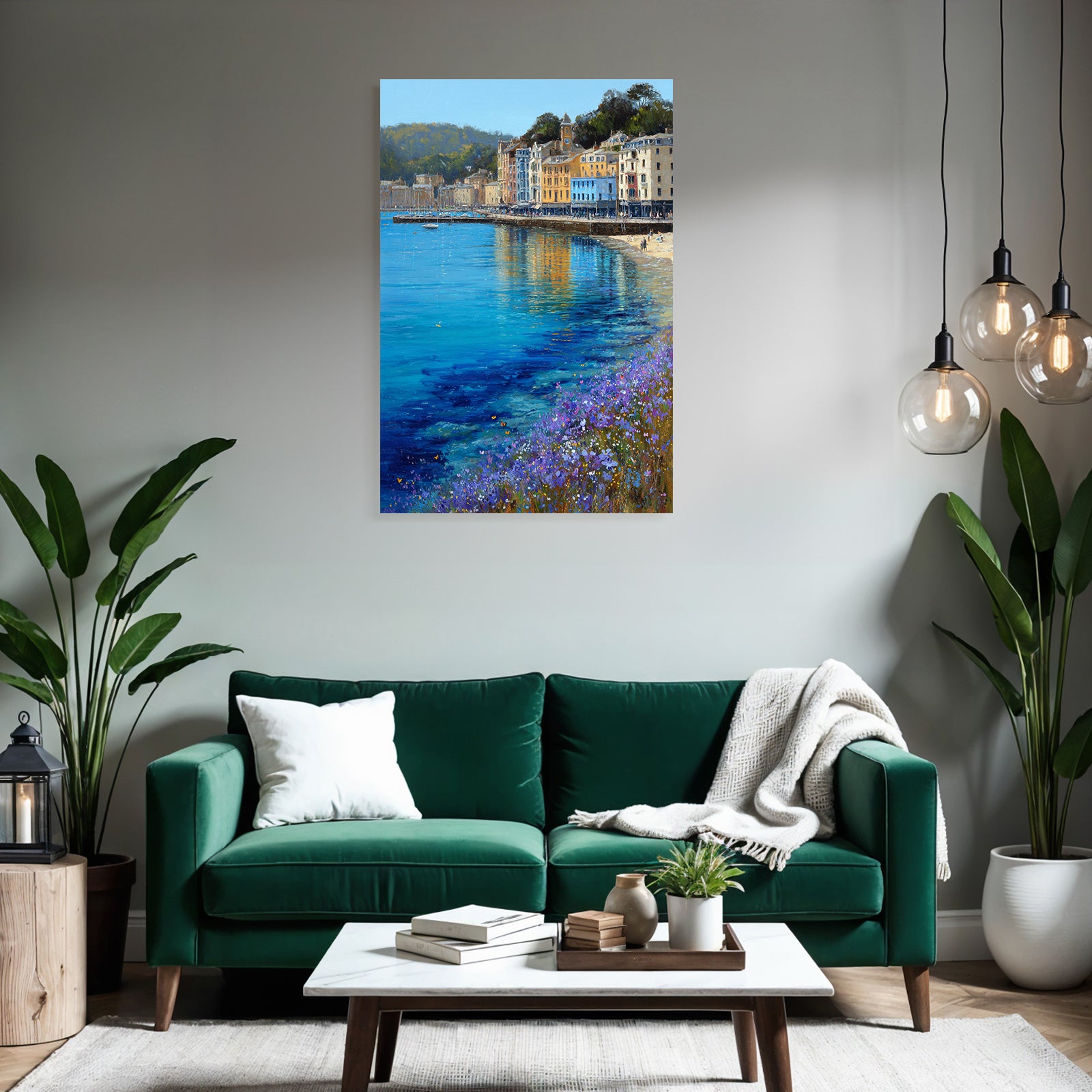 Küstenlandschaft Mit Bunten Gebäuden Und Blumen Am Strand
