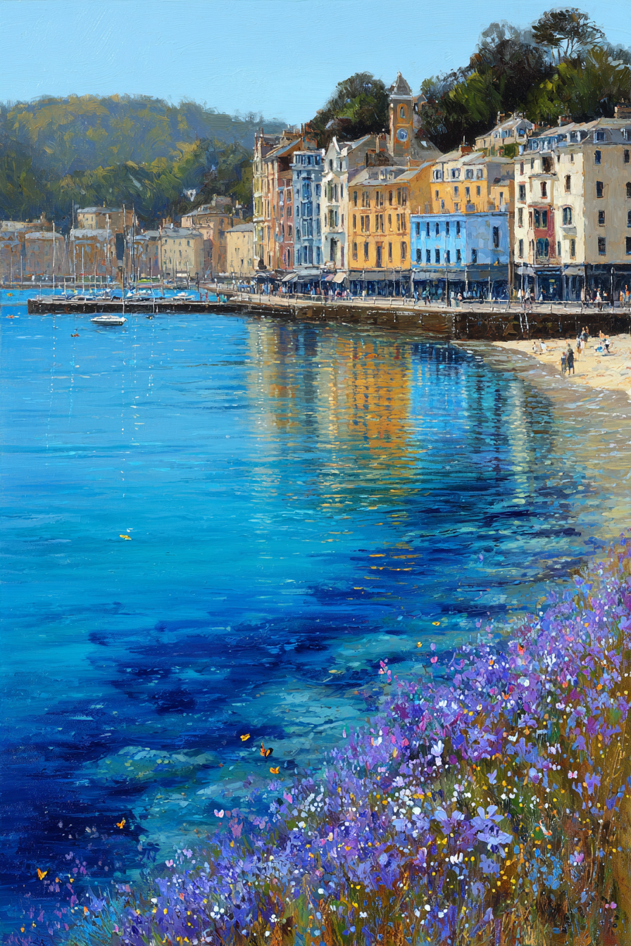 Küstenlandschaft Mit Bunten Gebäuden Und Blumen Am Strand | Sommer | Jahreszeiten
