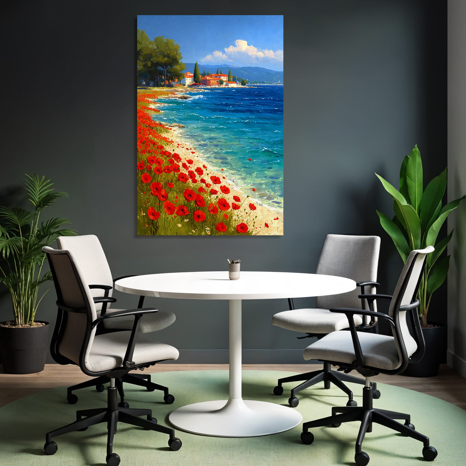 Lebendige Küstenlandschaft Mit Poppies Und Grüner Umgebung