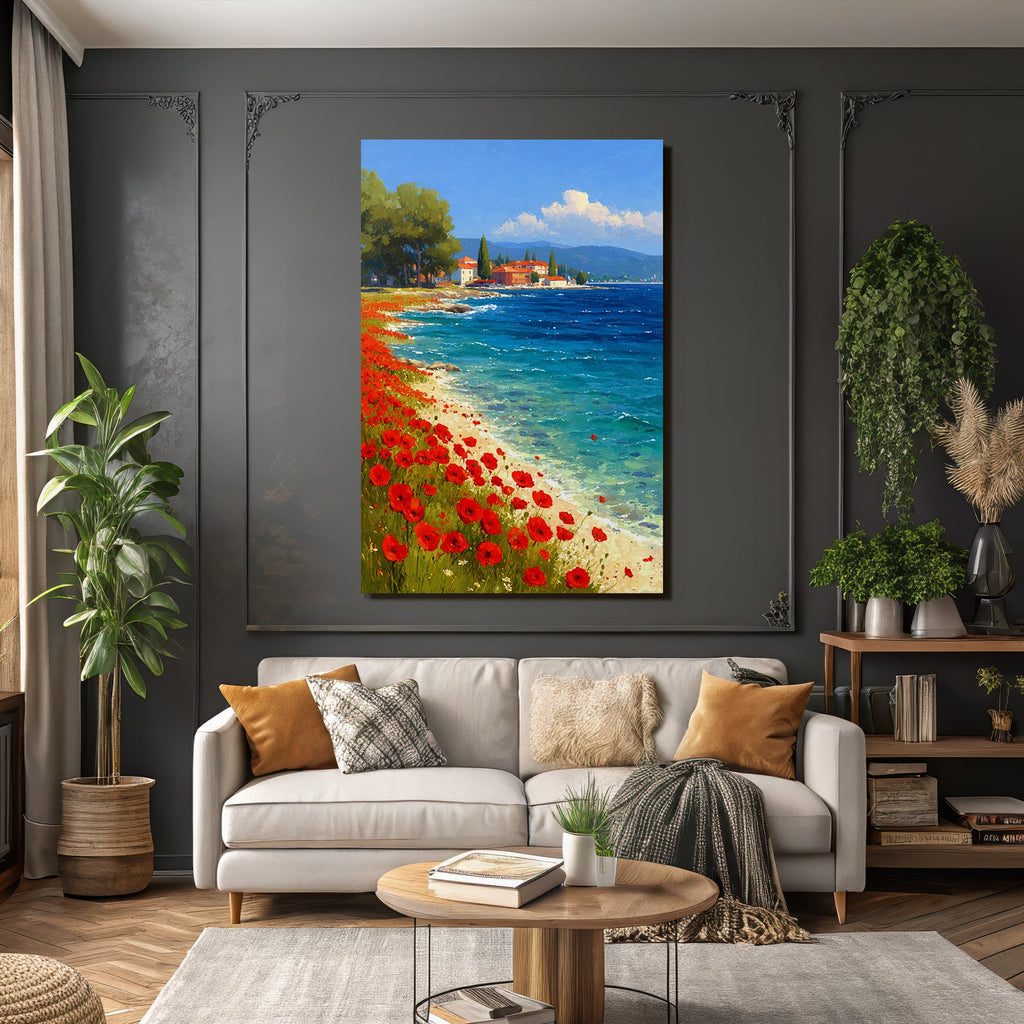 Lebendige Küstenlandschaft Mit Poppies Und Grüner Umgebung