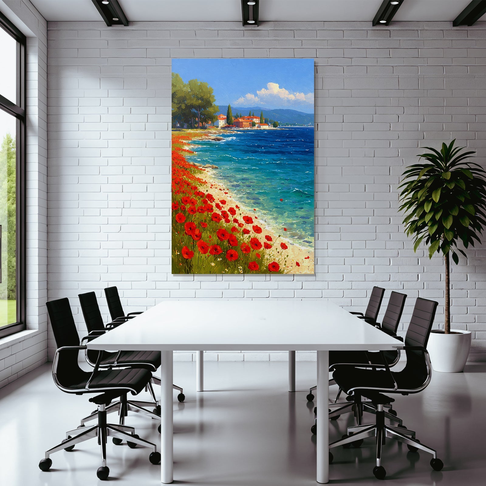 Lebendige Küstenlandschaft Mit Poppies Und Grüner Umgebung
