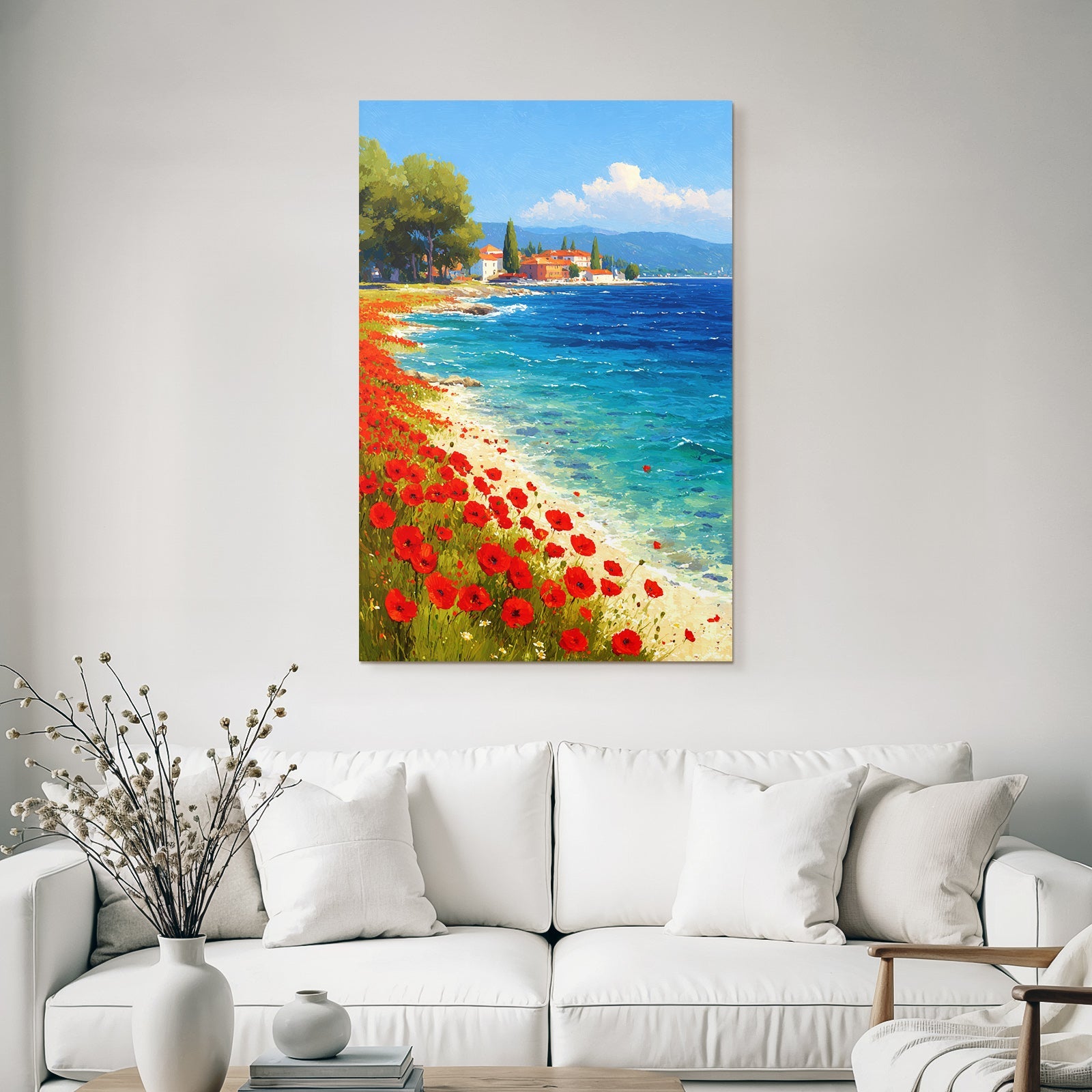 Lebendige Küstenlandschaft Mit Poppies Und Grüner Umgebung