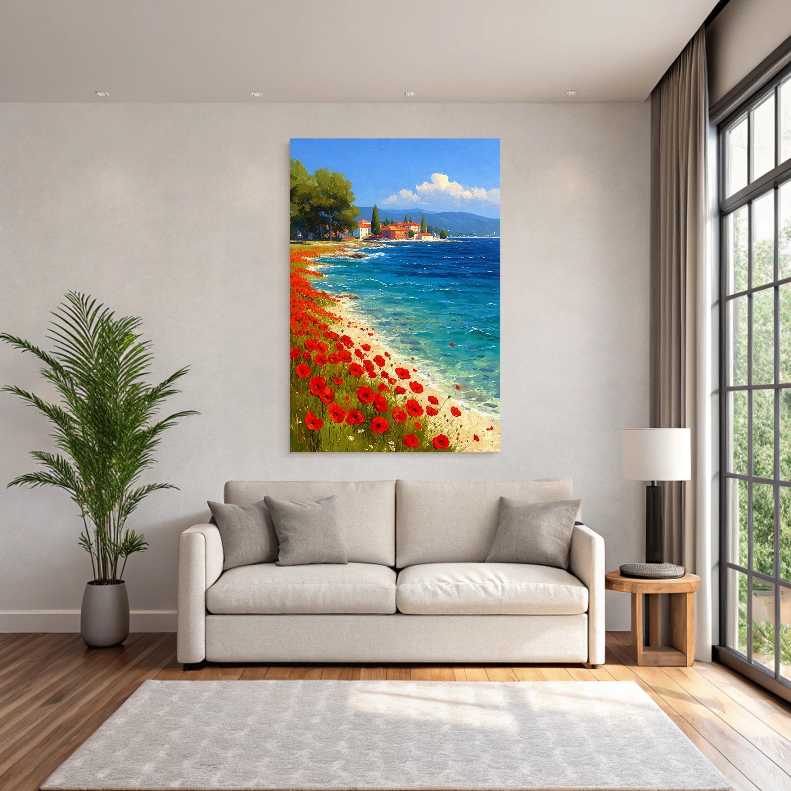Lebendige Küstenlandschaft Mit Poppies Und Grüner Umgebung