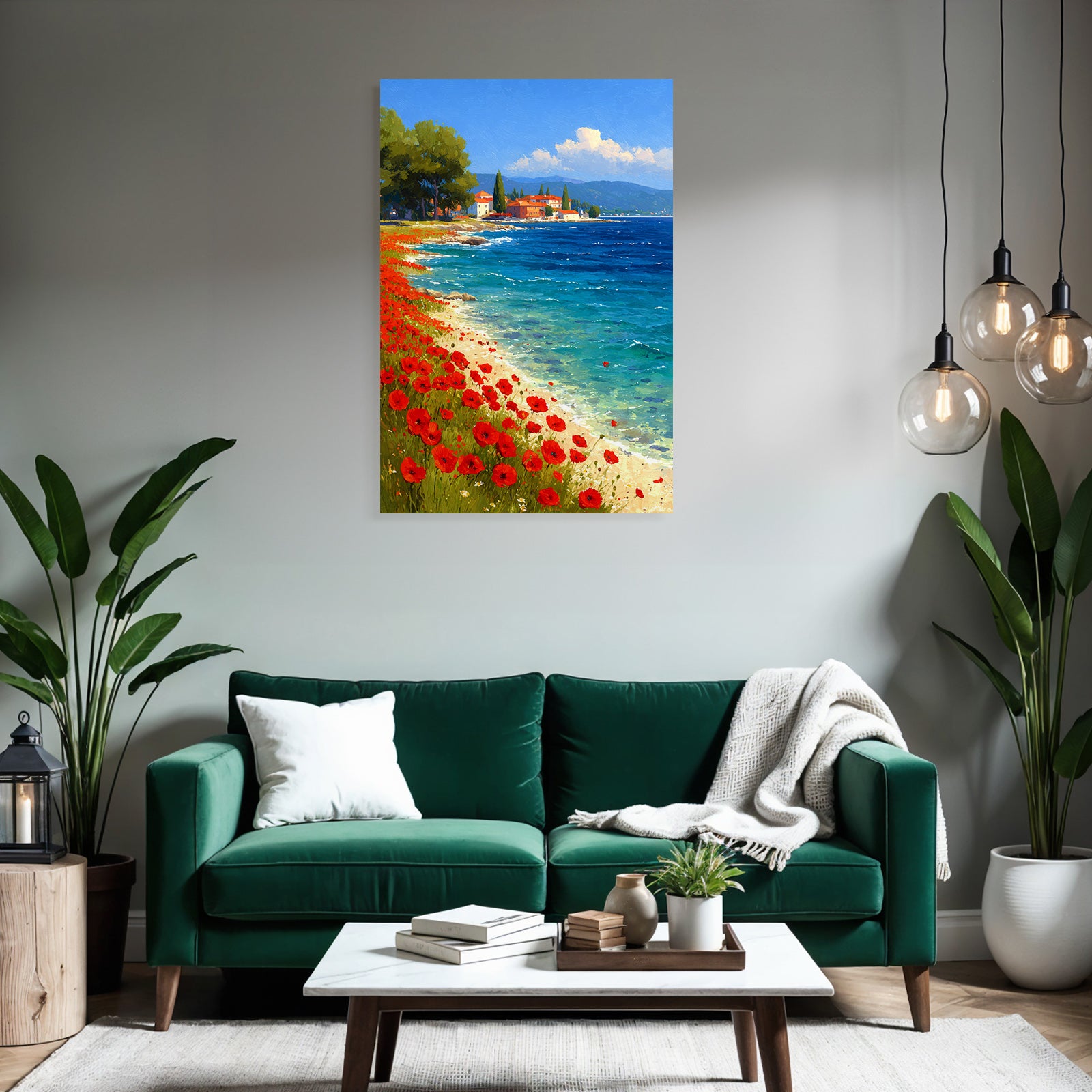 Lebendige Küstenlandschaft Mit Poppies Und Grüner Umgebung