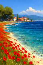 Lebendige Küstenlandschaft Mit Poppies Und Grüner Umgebung | Sommer | Jahreszeiten